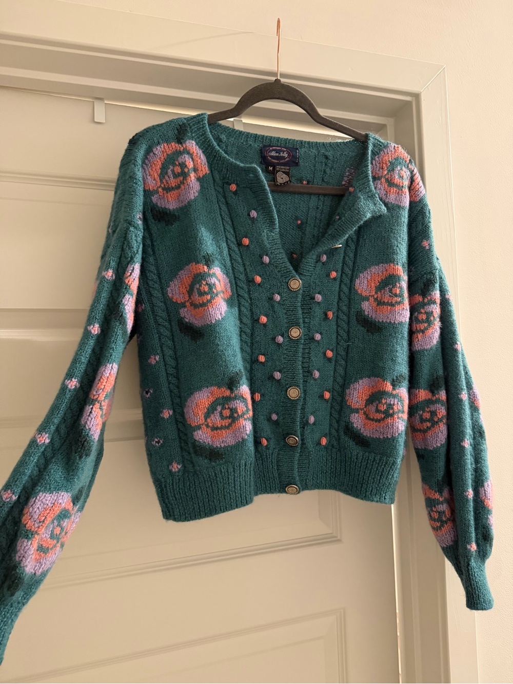 Vintage Allen Solly Teal Floral Knit Cardigan Sweater